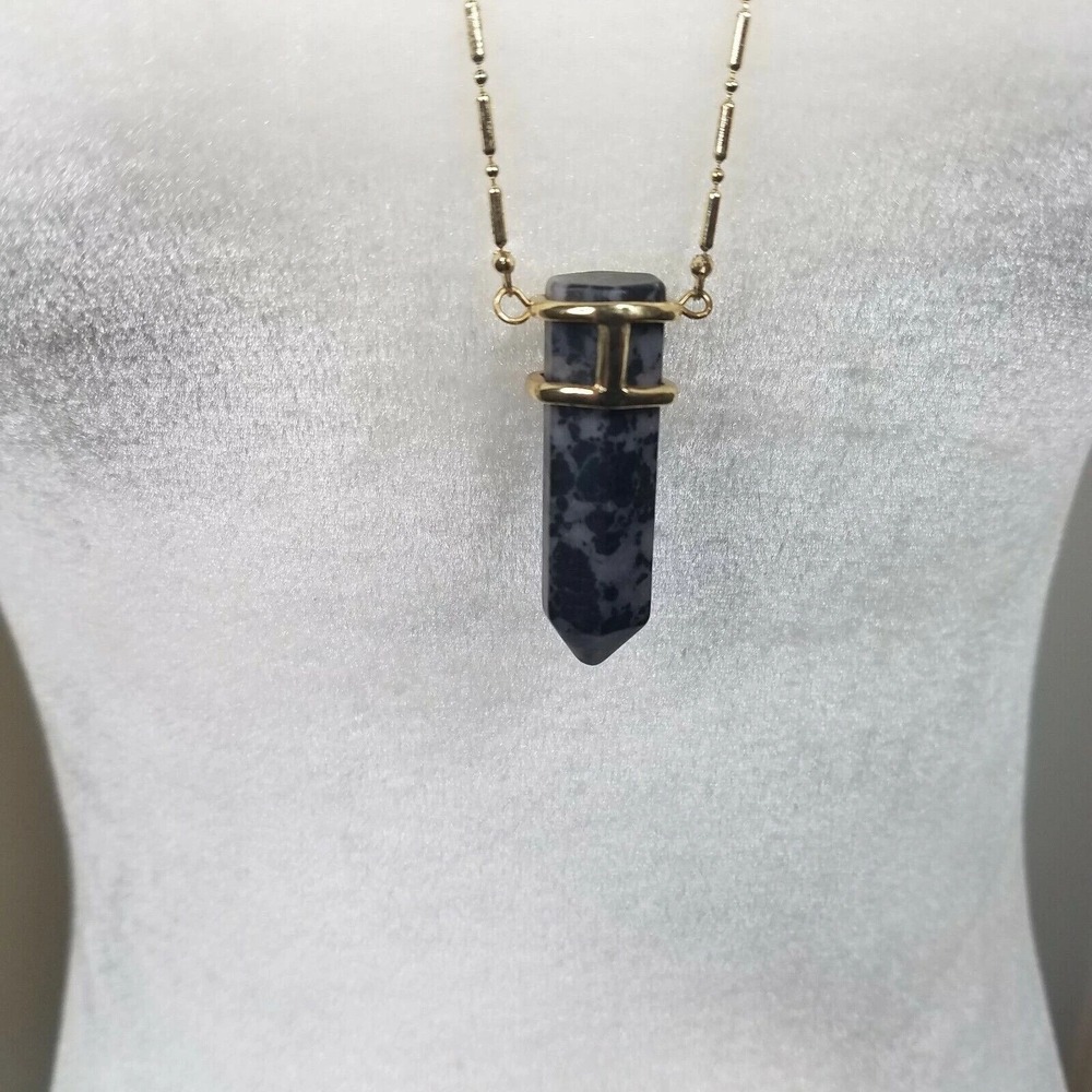 Fashion Gold Tone‎ Bar Chain Necklace with Black White Speckled Stone Point